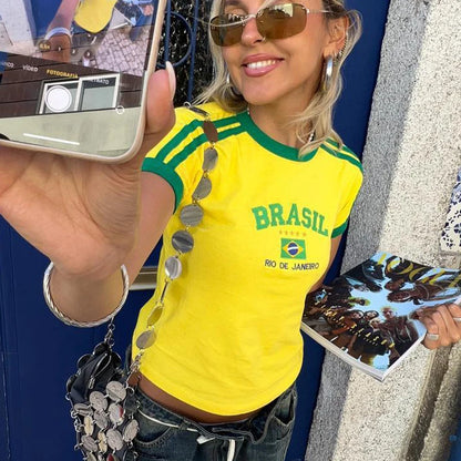 Camiseta brasil estética 90's colheita topos casual manga curta camiseta streetwear vintage y2k roupas