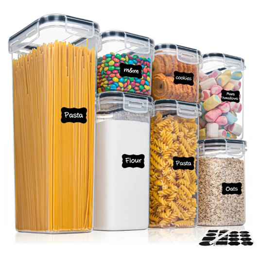 Conjunto de recipientes de alimentos para cozinha, 7 peças, sem BPA, caixa de armazenamento hermética de plástico com 10 adesivos e caneta
