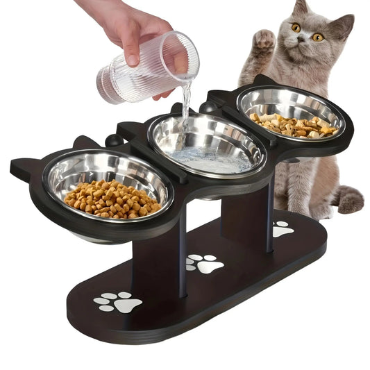 Tigela Elevada para Gatos com Suporte de Madeira Preto e Tigelas de Aço Inoxidável para Gatos 15 ° Suporte Inclinado para Suprimentos de Alimentação e Hidratação