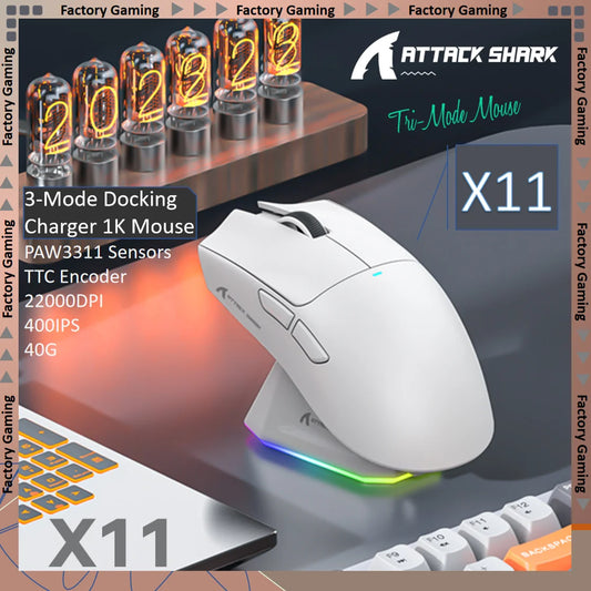 Mouse sem fio ATTACK SHARK X11 Tri-Mode Lightweight Gaming Mouse have PAW3311,22000DPI,400IPS,40G,59g,Magnetic Fast Charging,RGB backlight