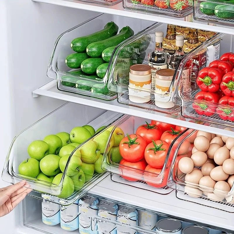 Caixa de armazenamento de geladeira transparente de grande capacidade, organizador de armário de alimentos de cozinha que economiza espaço, design fácil de puxar