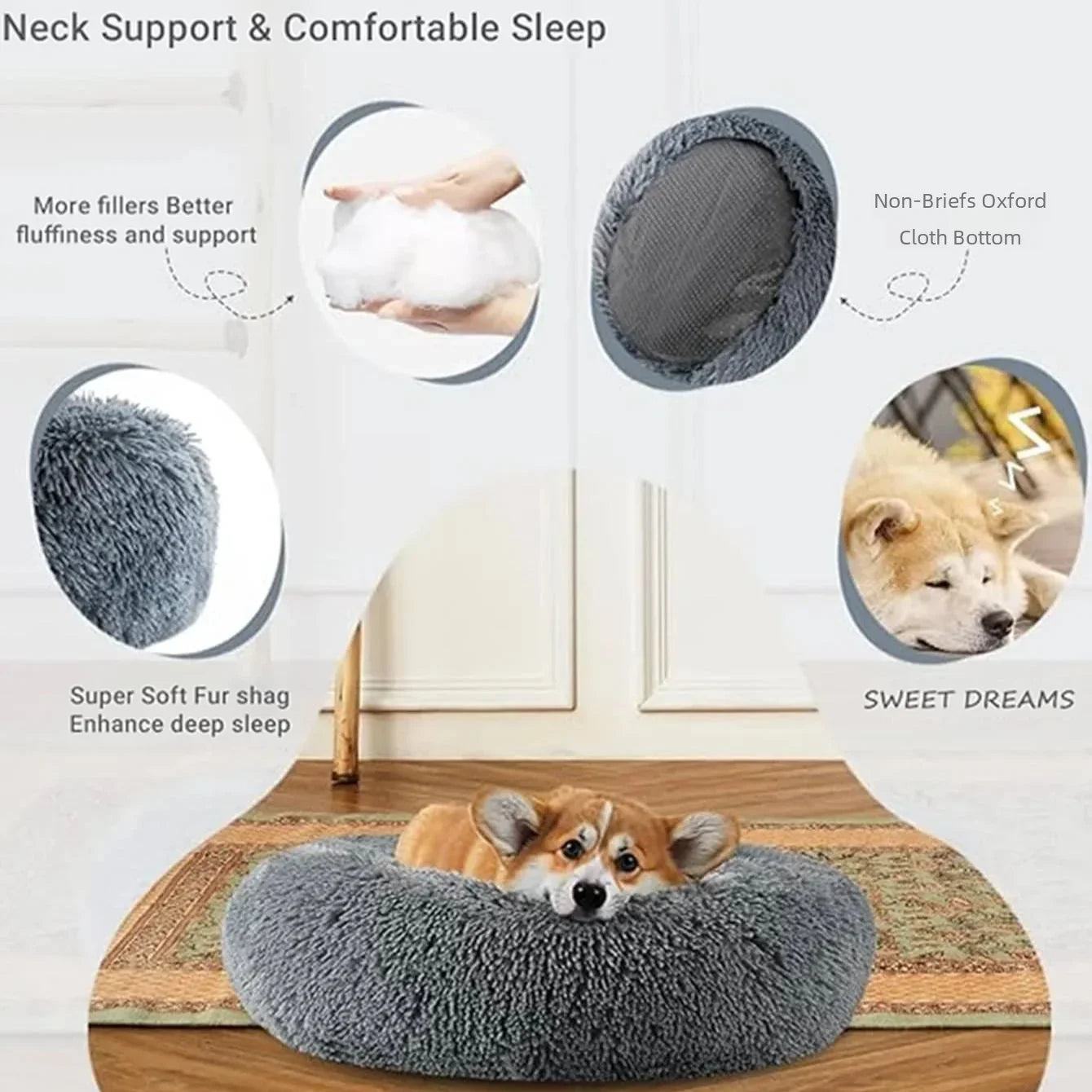 Cama redonda para animais de estimação, 40-90cm, 6 tamanhos, cama grande para cães, super macia, casa de pelúcia para cães médios, inverno, quente, dormir