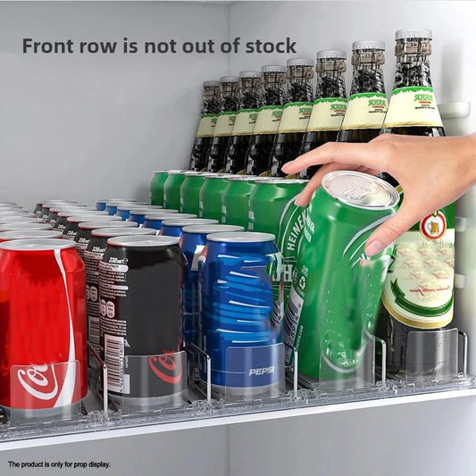 Dispensador automático de latas de refrigerante, varejo, trilho deslizante transparente, organizador de armazenamento de bebidas, empurrador de mola para geladeira