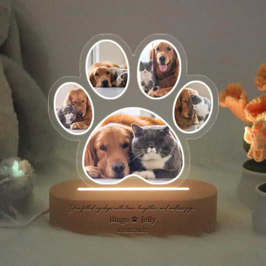 Luz Noturna Personalizada com Foto de Animal de Estimação, Base de Madeira, Presente de Memória para Cães, Luz LED Suave, Decoração para Casa, Presente de Condolências Personalizado