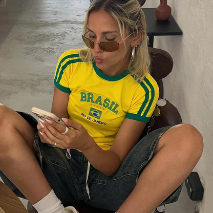 Camiseta brasil estética 90's colheita topos casual manga curta camiseta streetwear vintage y2k roupas
