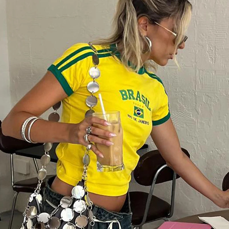 Camiseta brasil estética 90's colheita topos casual manga curta camiseta streetwear vintage y2k roupas