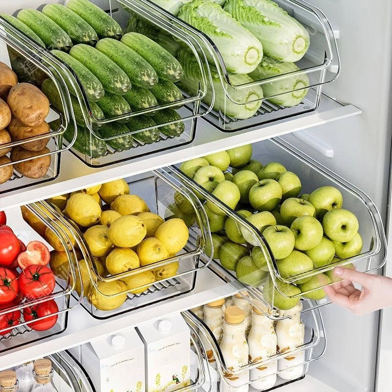 Caixa de armazenamento de geladeira transparente de grande capacidade, organizador de armário de alimentos de cozinha que economiza espaço, design fácil de puxar