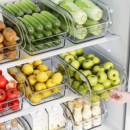 Caixa de armazenamento de geladeira transparente de grande capacidade, organizador de armário de alimentos de cozinha que economiza espaço, design fácil de puxar