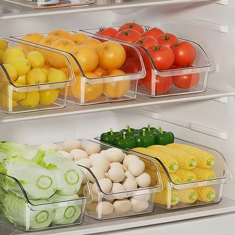 Caixa de armazenamento de geladeira transparente de grande capacidade, organizador de armário de alimentos de cozinha que economiza espaço, design fácil de puxar