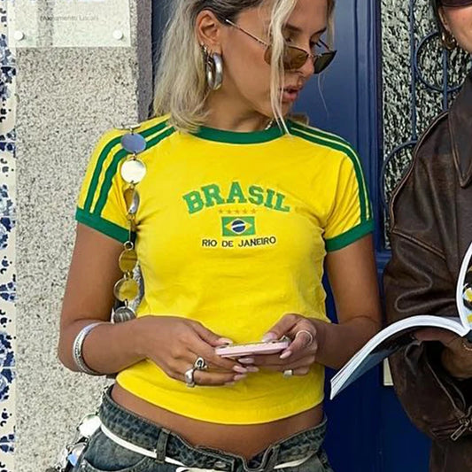 Camiseta brasil estética 90's colheita topos casual manga curta camiseta streetwear vintage y2k roupas