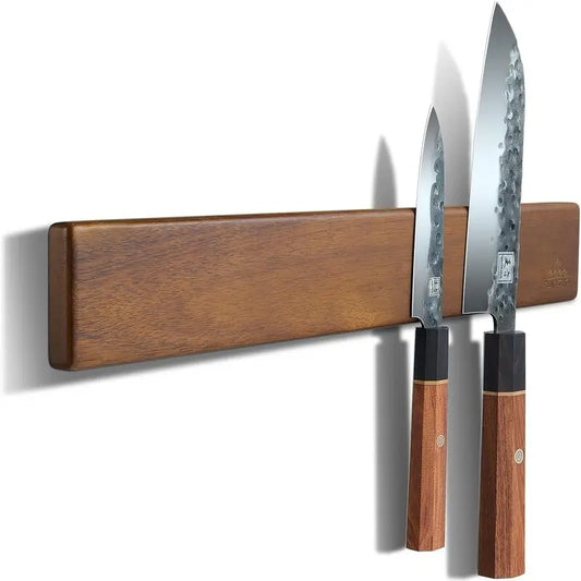 Ímã de faca forte de 16 polegadas e rack de faca para organizador de utensílio de cozinha, tira sem perfuração, suporte de faca de madeira de nogueira para geladeira
