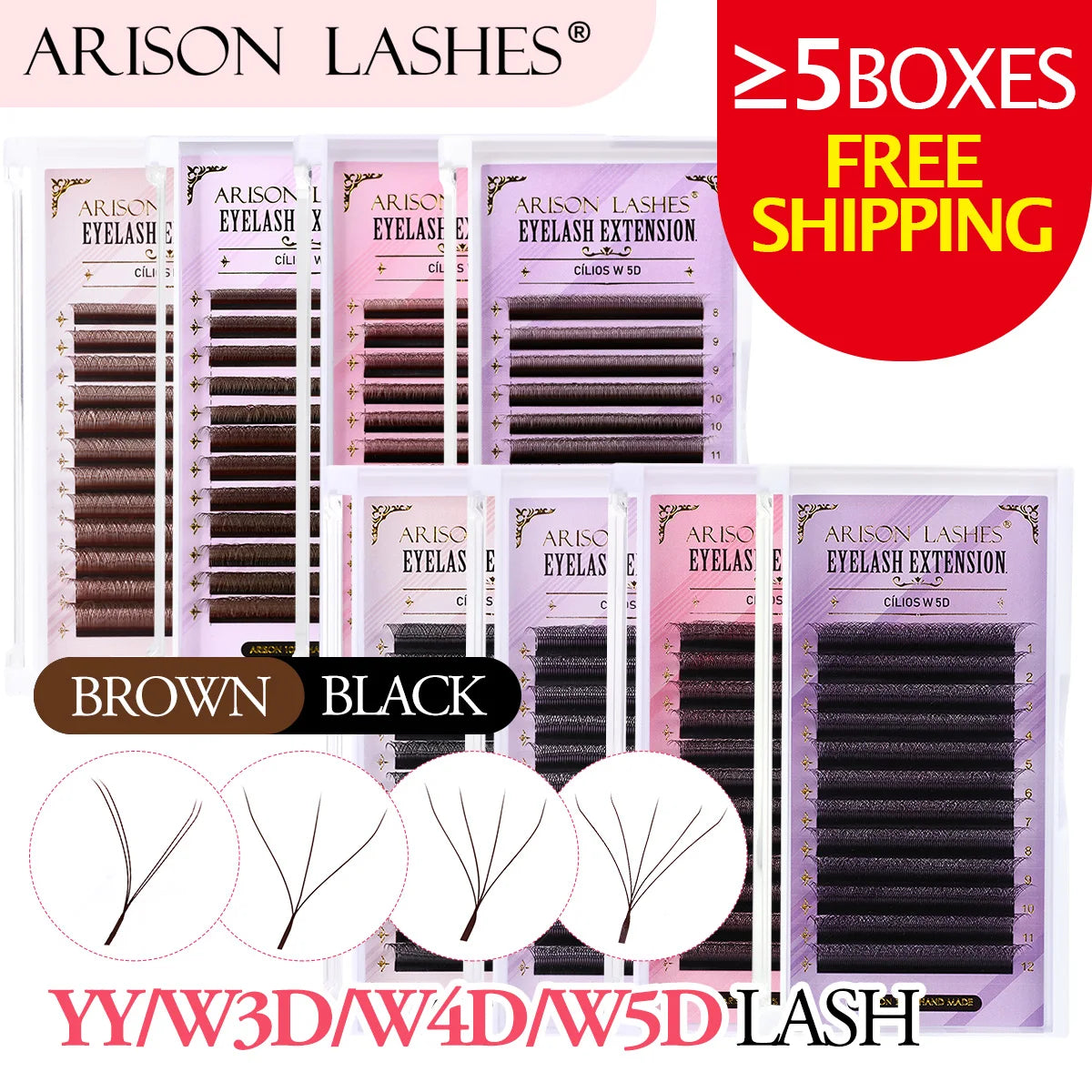 Kit Extensão Cílios ARISON YY W Shape Eyelashes, Premade Volume, Fino, Macio, Fino, Facilmente Enxertando Extensão, Brasileiro, Cilios W3D, W4D,W5D